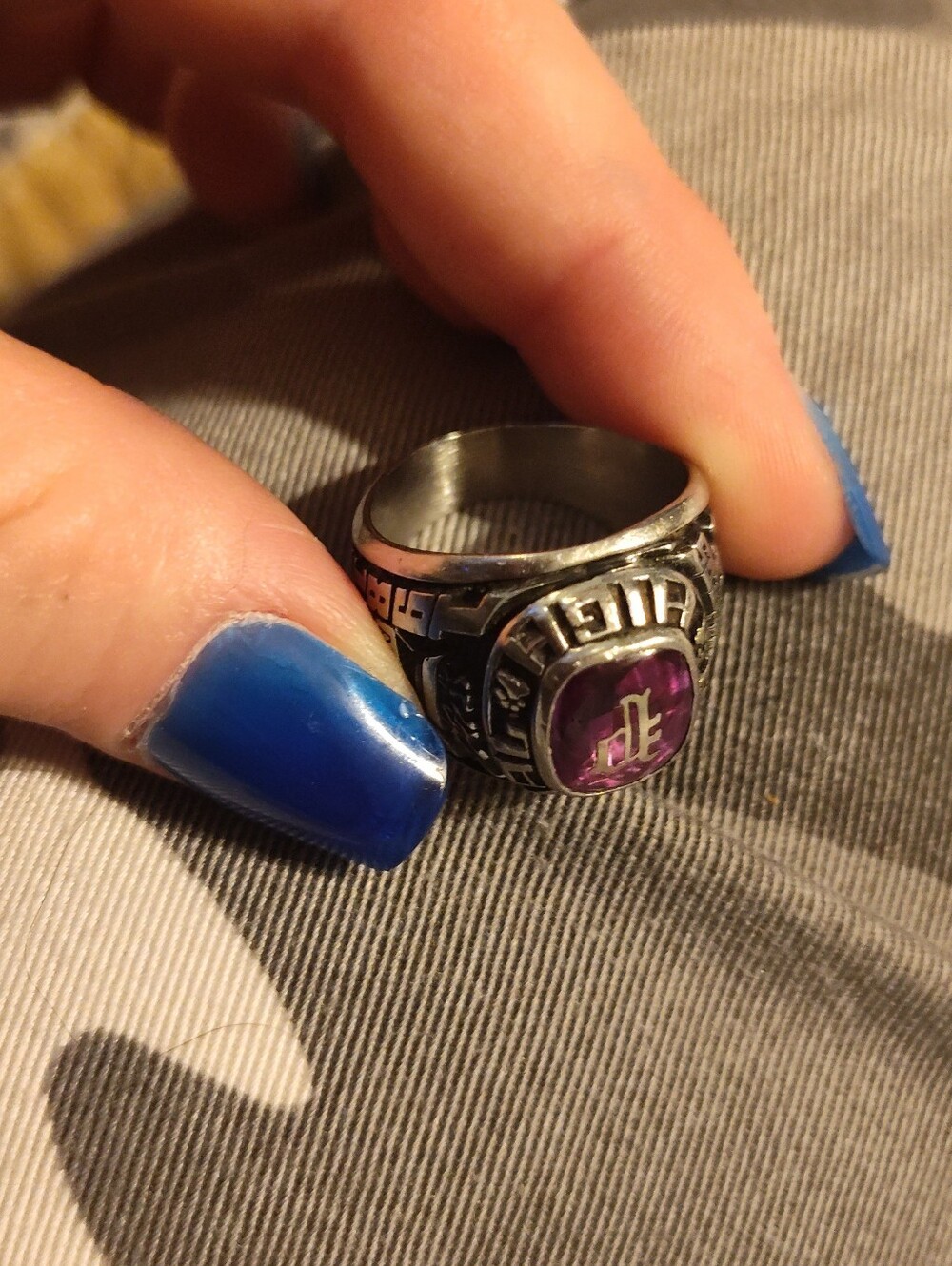 Silver-Tone Men’s Signet Ring with Purple Stone